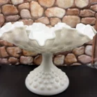 Vintage Fenton Hobnail Compote Milk Glass Pedestal Candy Dish Ruffled Edge