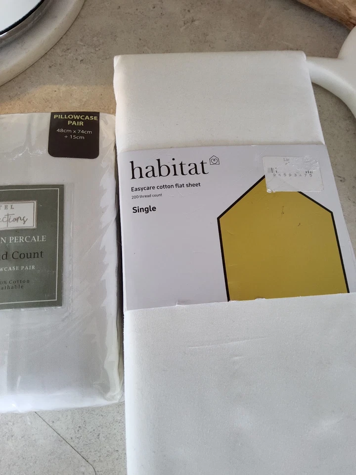 Sábana bajera blanca plana individual Habitat y par de 2 fundas de almohada blancas de hotel nuevas ver fotos Foto 3 de 4