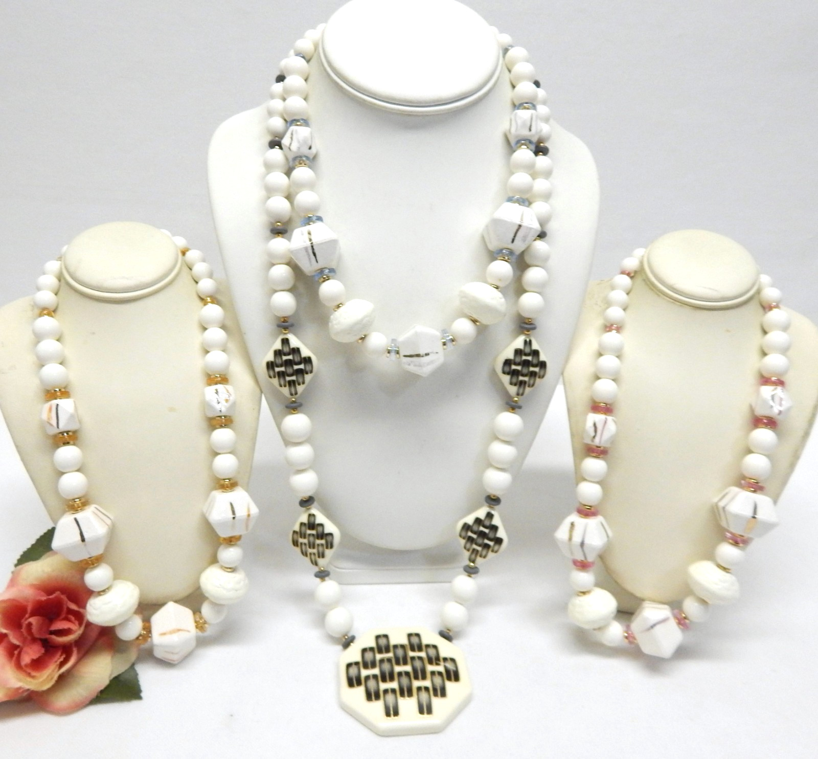 Vintage Japan Signed Ceramic & White Lucite Bead Necklace & Pendant Lot