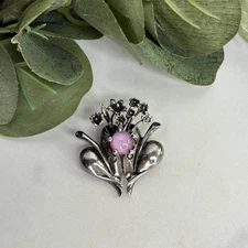 Vintage Alice Caviness Sterling Silver Pink Glass Flower Bouquet Pin Brooch
