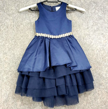 Rare Editions Dress Girls 6 Navy Blue Tulle Tiered Formal Rhinestone Belt Party
