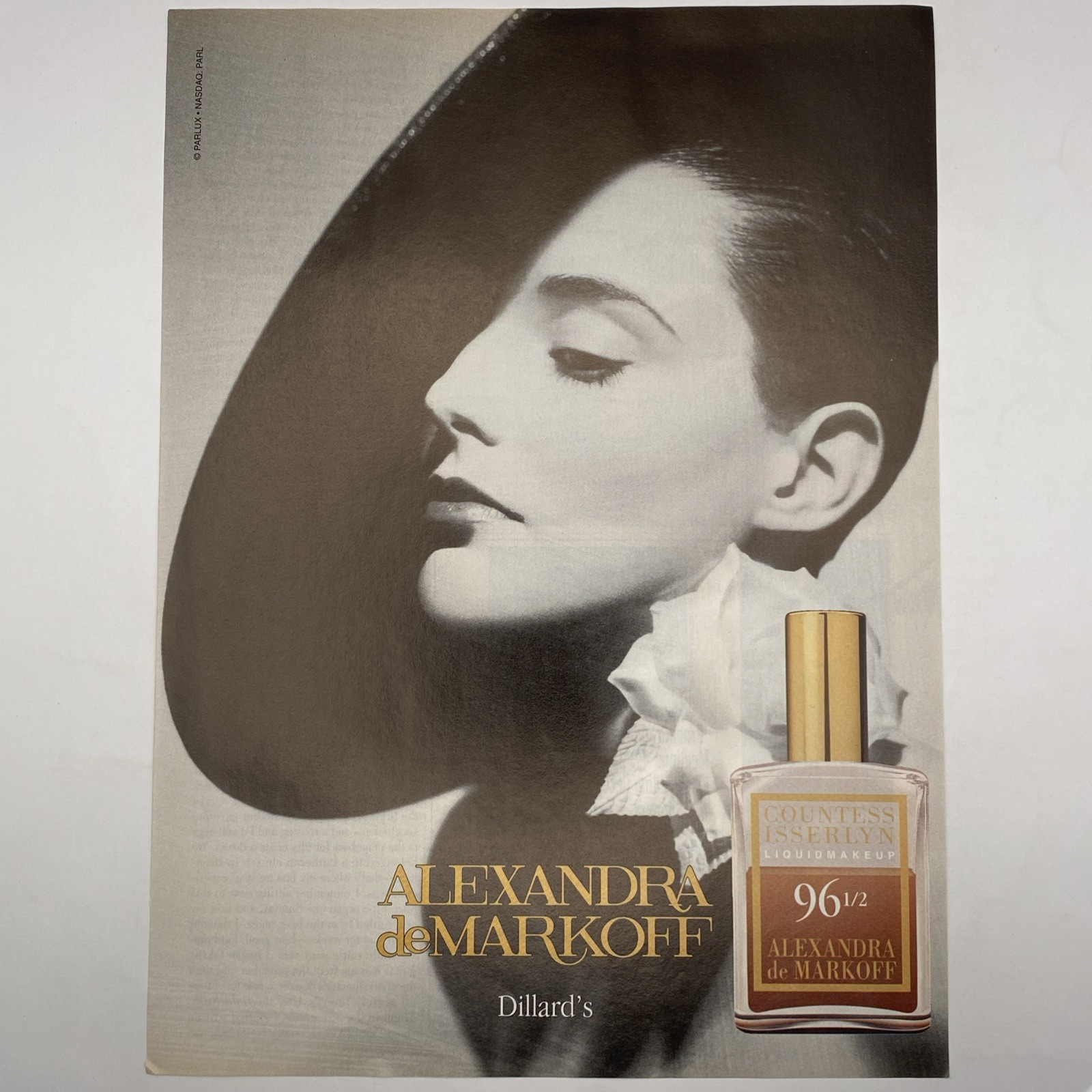 1996 Alexandra de Markoff 96 1/2 Liquid Makeup PRINT AD Woman Large Hat Vtg 90s