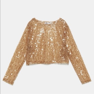NWT ZARA SEQUIN GOLDEN BROWN ROUND NECK LONGSLEEVE TOP