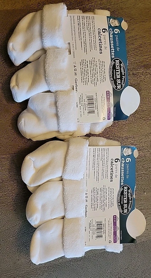 Gerber Baby Wiggle Proof Stay On White Socks Plush 6 Pack X2 Size 0-3 M Cotton - Image 4 of 4