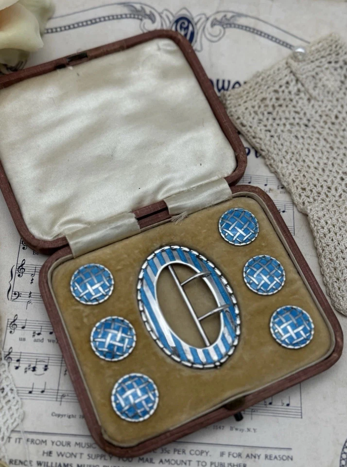 Antique Buckle Button Set 1907 Sterling Silver & Cerulean Blue Guilloché Enamel - Image 3 of 4