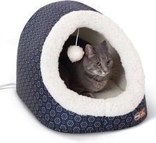 Thermo-Pet Cave Cat Bed Large 17 X 15 X 13 Inches Navy/Geo Flower Heated HM107
