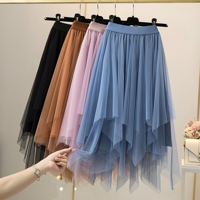 Women Mesh Tutu Midi Skirt Tulle Layered Pleated Dress High