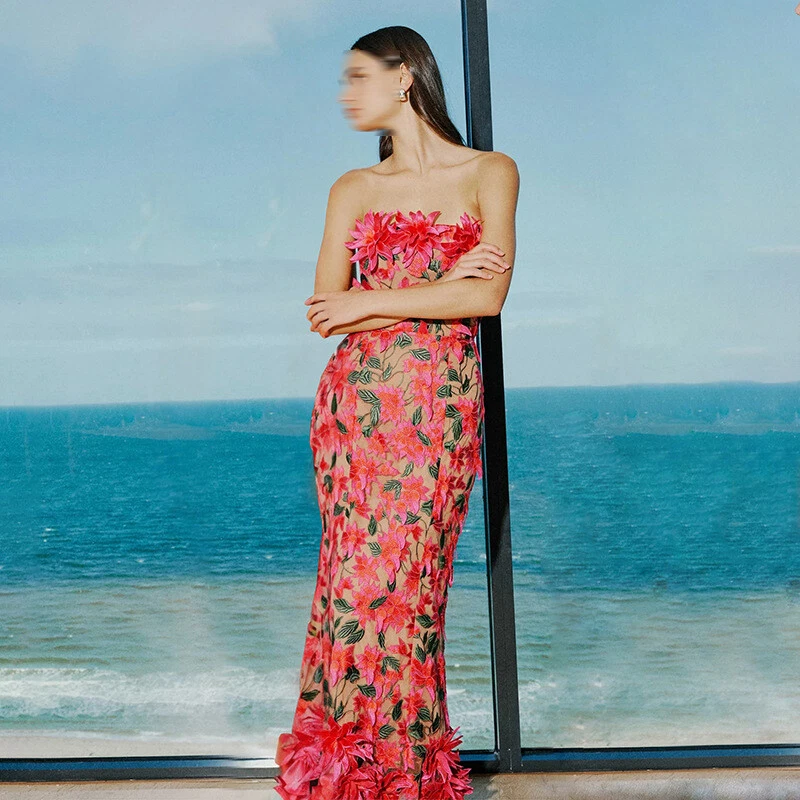 OFF WHITE Abito da festa retrò donna vestito senza spalline estivo nuovo abito lungo ricamo floreale