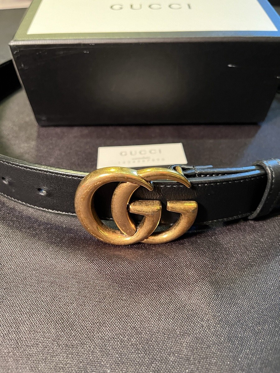 GUCCI UNISEX DOUBLE GG ANTIQUE BRASS MARMONT THIN BLACK BELT