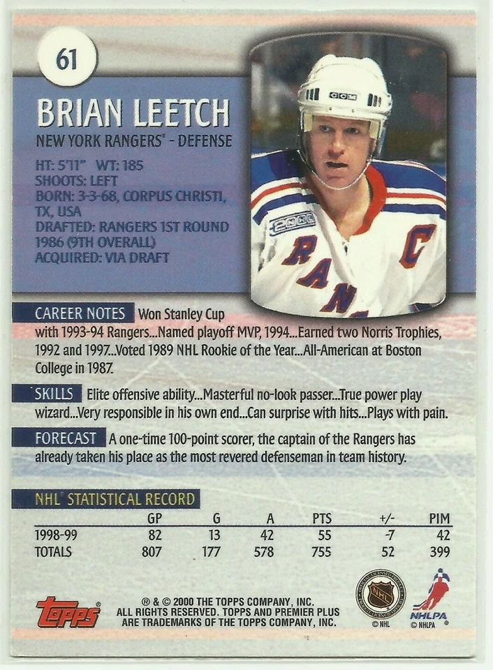 1999-00 Topps Premier Plus #61 Brian Leetch New York Rangers - Image 2 of 2