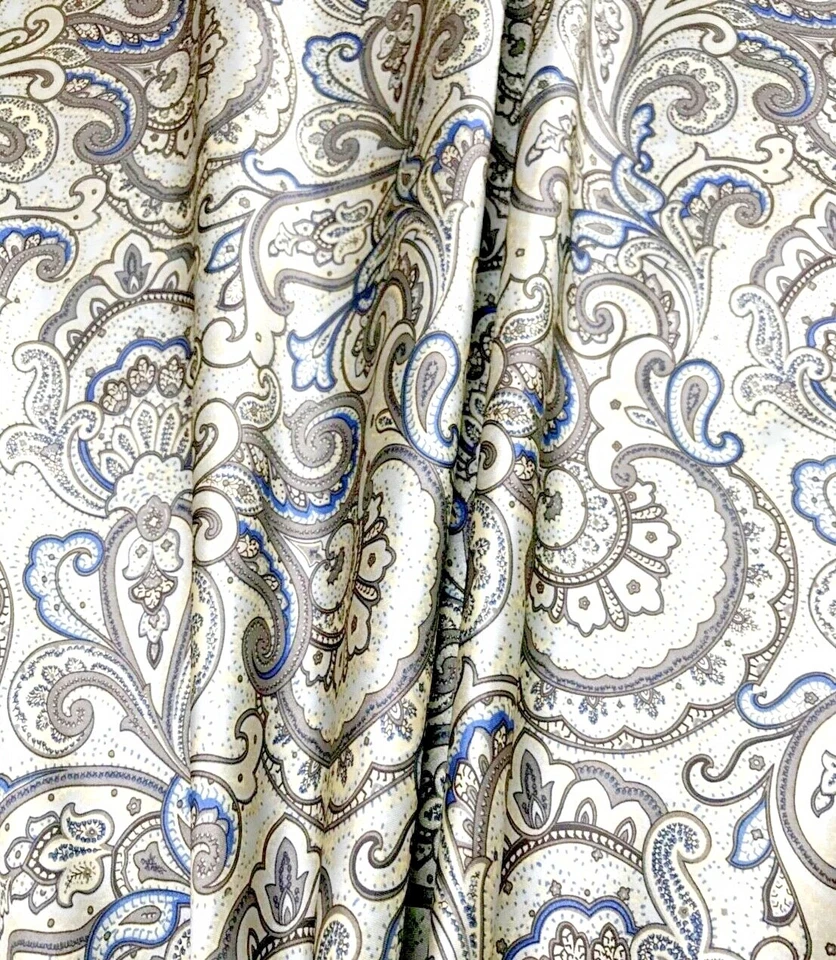 Paisley Print NON-STATIC Viscose Satin Feel Material Fabric BTY -Cream Blue - Image 2 of 4
