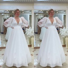 Simple Wedding Dresses V Neck Long Sleeves White Ivory A Line Plus Bridal Gowns