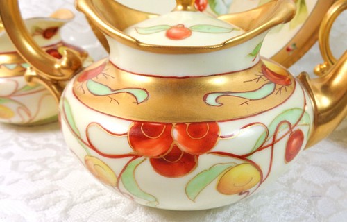 Antique Limoges Pickard Teapot Sugar Creamer Set and Plate Hand Painted Cherries - Picture 4 of 15