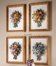 Set 4 Cadre Wall plaque Nature Still Bouquet Flowers Capodimonte porcelain Wood