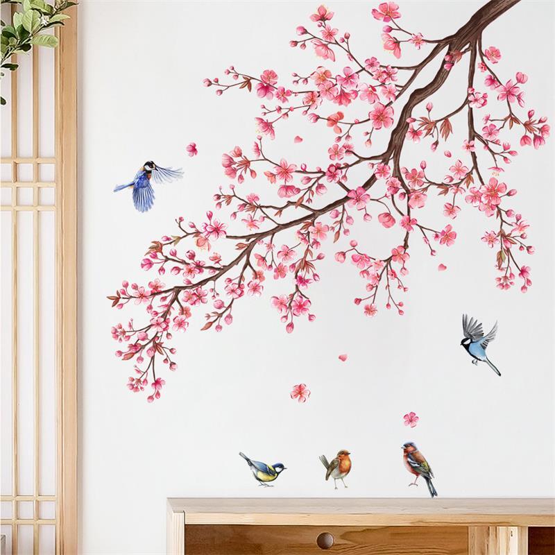 Large Cherry Blossom Branch Wall Stickers Pink Flower Bird Wall Decals