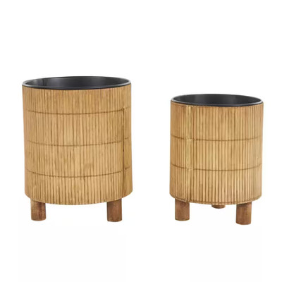 9 In. and 8 In. Small Brown Bamboo Wood Handmade Planter with Black Metal Interi