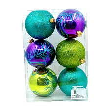 Set of 6 Peacock Ornaments Purple Teal Green 3" Ball Shatterproof