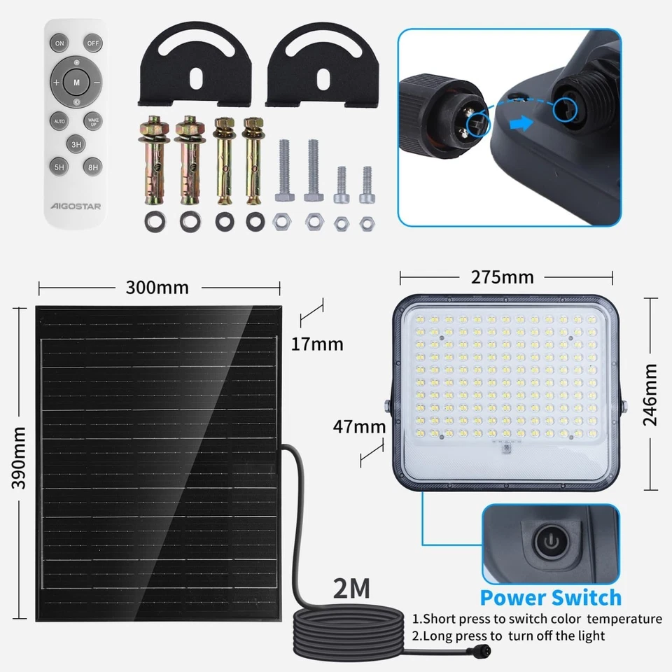 AIGOSTAR FARO SOLARE LED LUCE DIMMERABILE TELECOMANDO IP66 200WATT 16000mAH - Immagine 2 di 4
