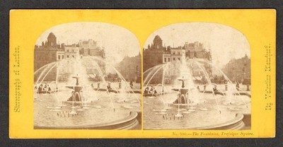 b847, V. Blanchard Stereoview, #500, The Fountains, Trafalgar Square, 1870s
