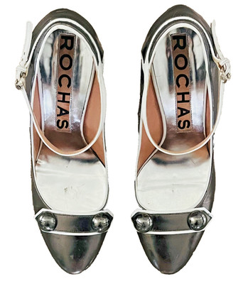 Rochas Black and Silver Mary Jane Pumps Ankle Strap Leather EU 40