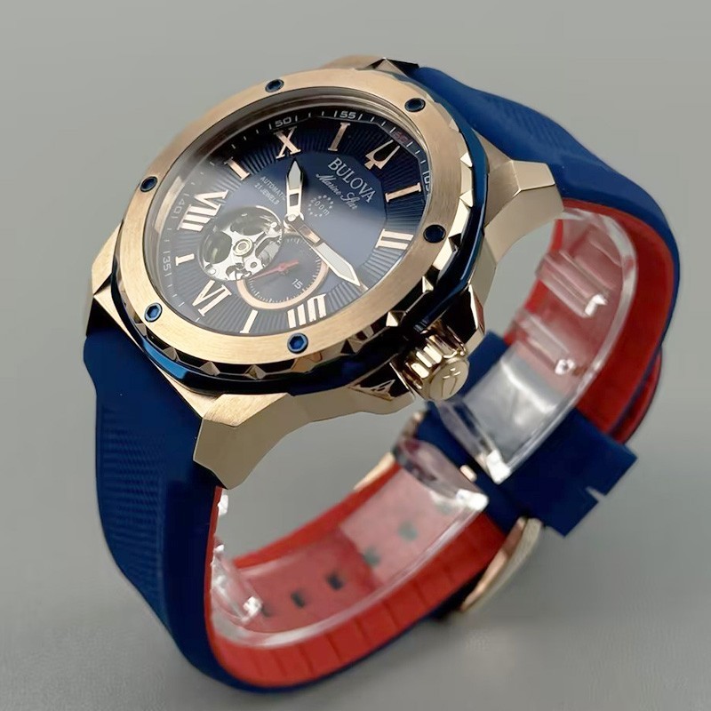 Bulova 98A227 Marine Star Blue Gold Dial Silicone Strap Automatic