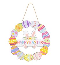 Funnysign Vintage Wooden Easter Decor Hollow Bunny Eggs Wreath Sign Colorful