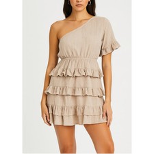 Olivaceous dress ruffle khaki 100% Cotton one shoulder short tiered SZ M BoHo