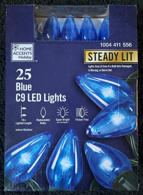 Home Accents 25 BLUE Lights LED  C9 Super Bright Christmas Lights Steady Lit
