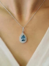 1.50 CT Pear Lab Created Aquamarine & Diamond Necklace 14k White Gold Plated