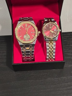  His and Hers Luxury Watch Matching Set Two-Tone Gold Silver Red Dial Gift Boxed