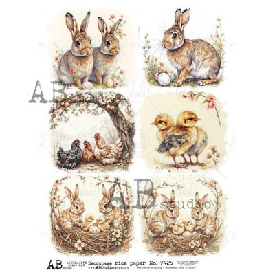 Spring Rabbits & Chickens #7425 | A4 Rice Paper for Decoupage | AB Studios