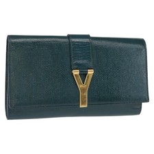 SAINT LAURENT Y Line Clutch Bag Patent leather Green Gold Auth 163062