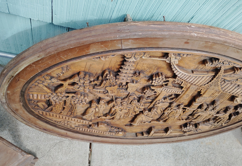 Chinese Antique Carved Brown Wood Table with Figural Scene and Ornate Design