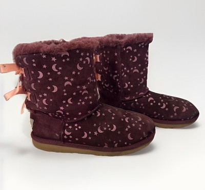 UGG Girls Size 4 Double Bow Bergundy Moon & Stars Shearling Boots 1119170K