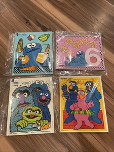 Vintage Wooden Puzzle Lot X4 Sesame Street Cookie Monster
