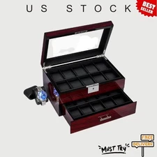 20 Slot Watch Box, 2-Tier Display Case, Lockable Wooden Organizer