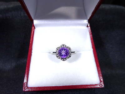 1.19ct Natural Purple Amethyst Solid 925 Sterling Silver Flower Ring-AU O US 7