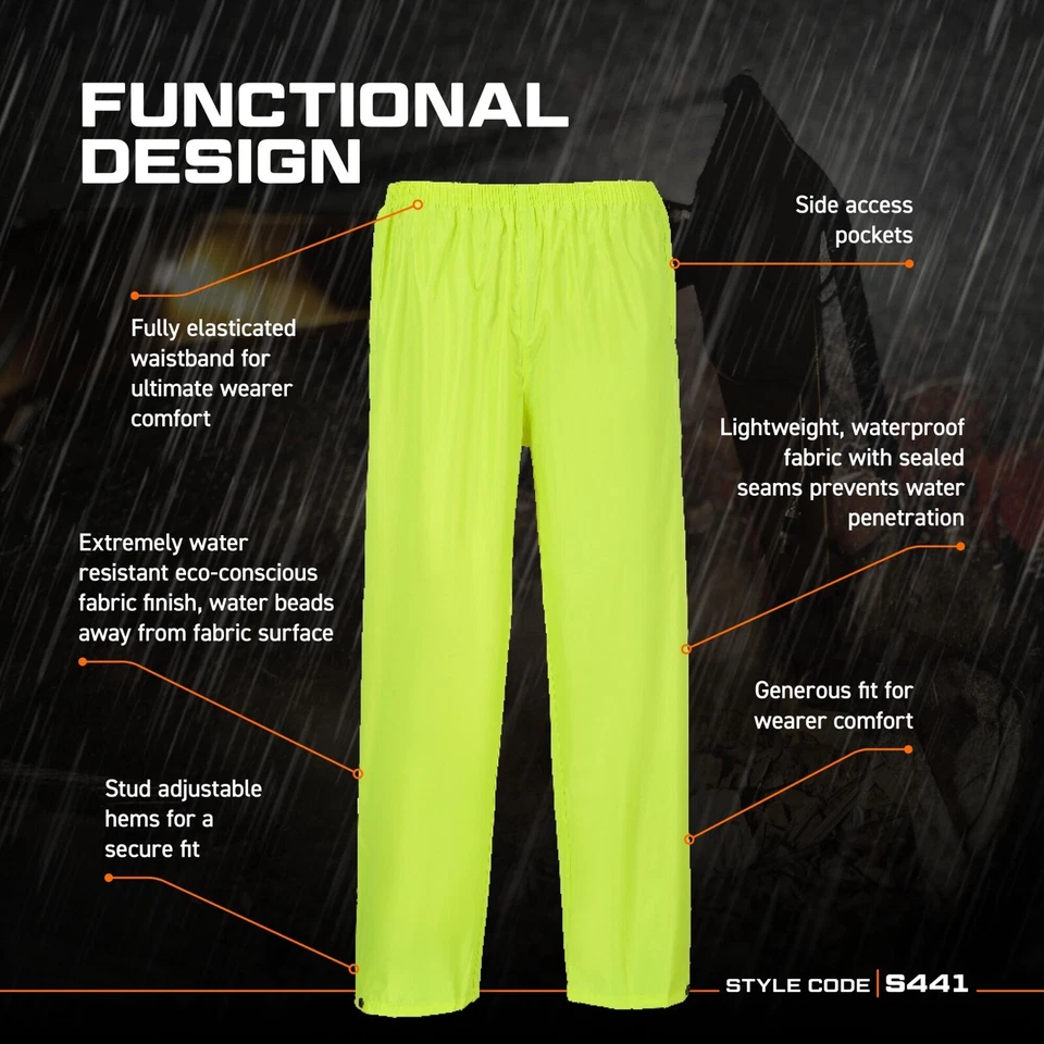 Portwest S441 Mens Waterproof Rain Pants Lightweight Adjustable Safety Overpants - Image 2 of 4