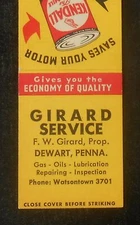 1950s Girard Service Kendall Motor Oil F. W. Girard Ph Watsontown 3701 Dewart PA