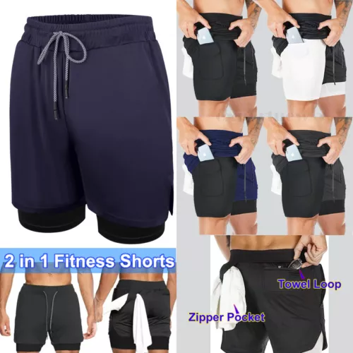 Mens Elasticated Waist Jogging Shorts Gym Workout Shorts Fitness Shorts 2 In 1 - Picture 1 of 23