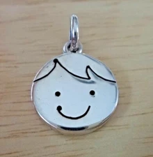 Sterling Silver 15mm Cute Engravable Boy Son Grandson Face  Charm 2mm thick