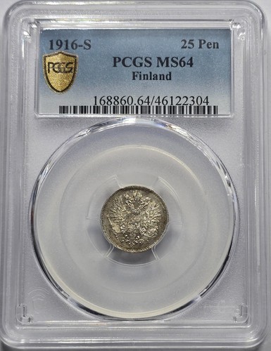 FINLAND SILVER 25 Pennia 1916 s PCGS MS64