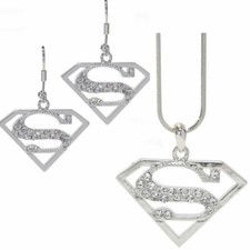 Clear Crystal Superman Pendant Necklace and Earrings Set for Women
