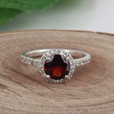 925 Silver  Round Shape Natural Garnet  CZ Engagement Ring Gift For Her