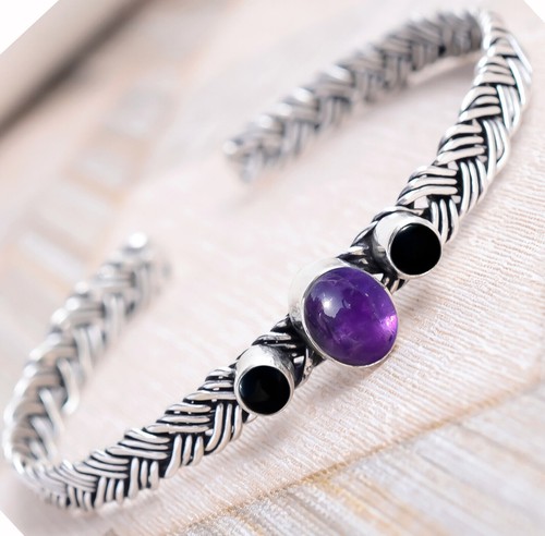 Bracelet Manchette Ovale En Argent Sterling 925 Avec Onyx Noir - Fait Main En Inde, Pierre Naturelle, Ajustable
