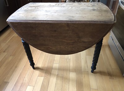 Antique Drop Leaf Wood Table Spiral Legs Casters Handsome Grain Rustic Farmhouse