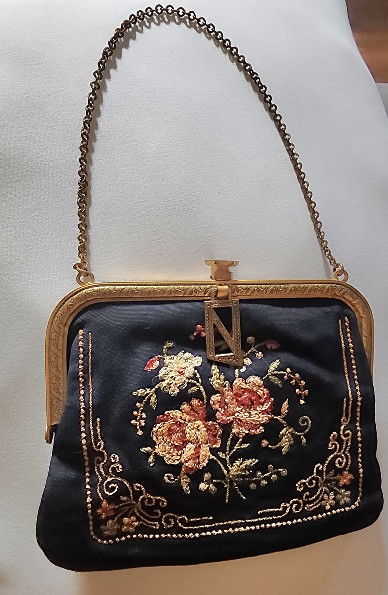 Vintage Needlepoint Tapestry Purse Evening Bag Floral View 2