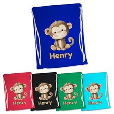 Personalised Cute Monkey Gym Bag for Kids. Cotton, School Nursery Swim PE Travel