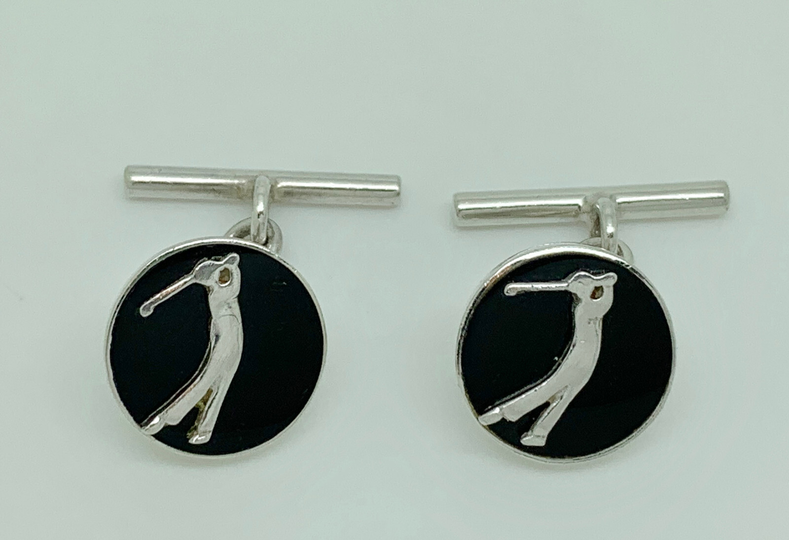 Vintage Sterling Silver Black Enamel Golfer Golfing Golf Round Cufflinks