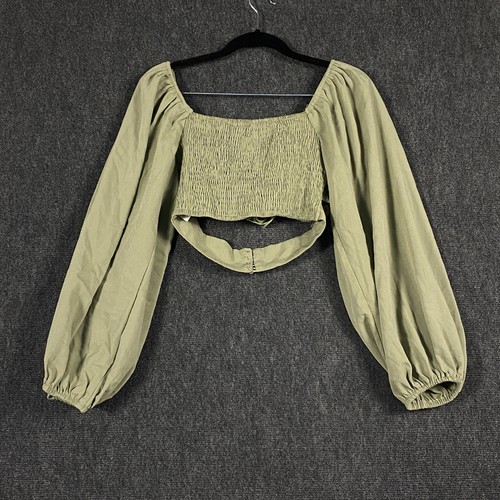 White Fox Womens Medium Crop Top Light Olive Sage Green Shirred Puff Sleeve NWOT - Picture 11 of 12